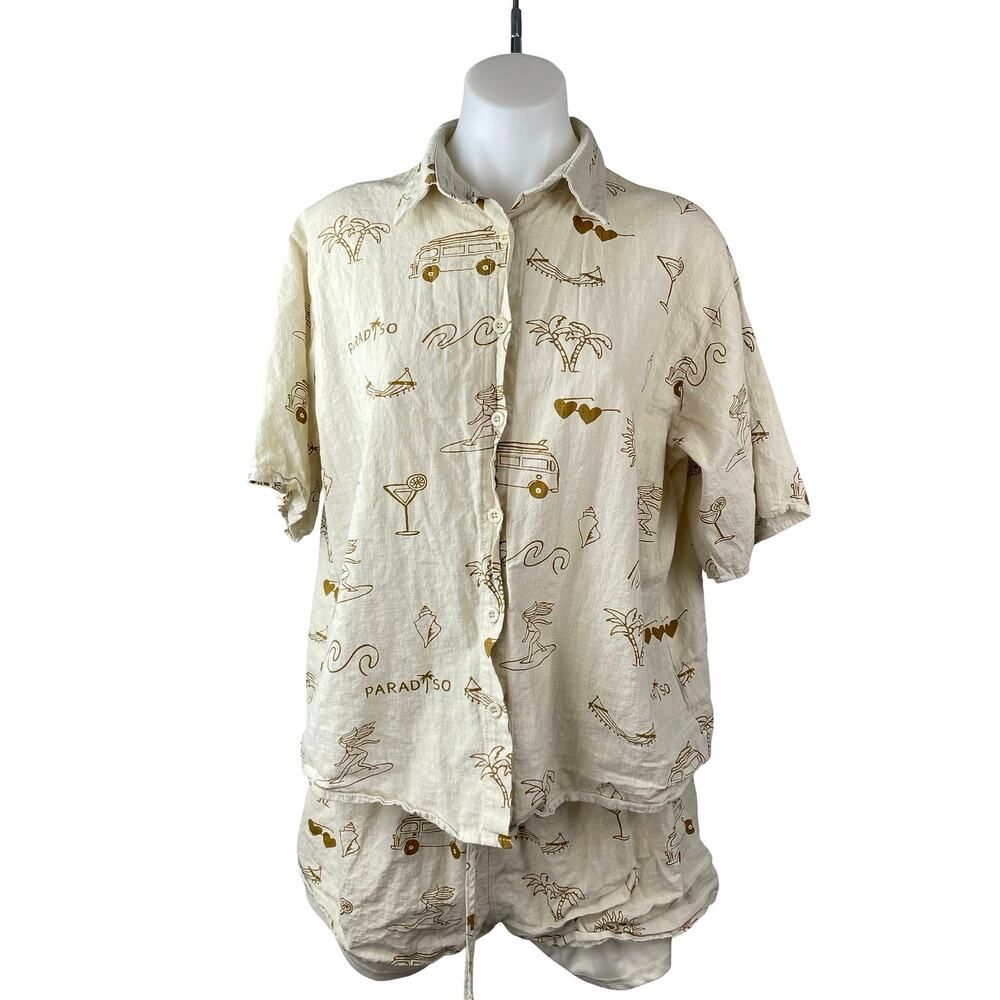 By Frankie Beige Island Graphic Print Button Up Shirt Shorts 2 Pc Set Size L